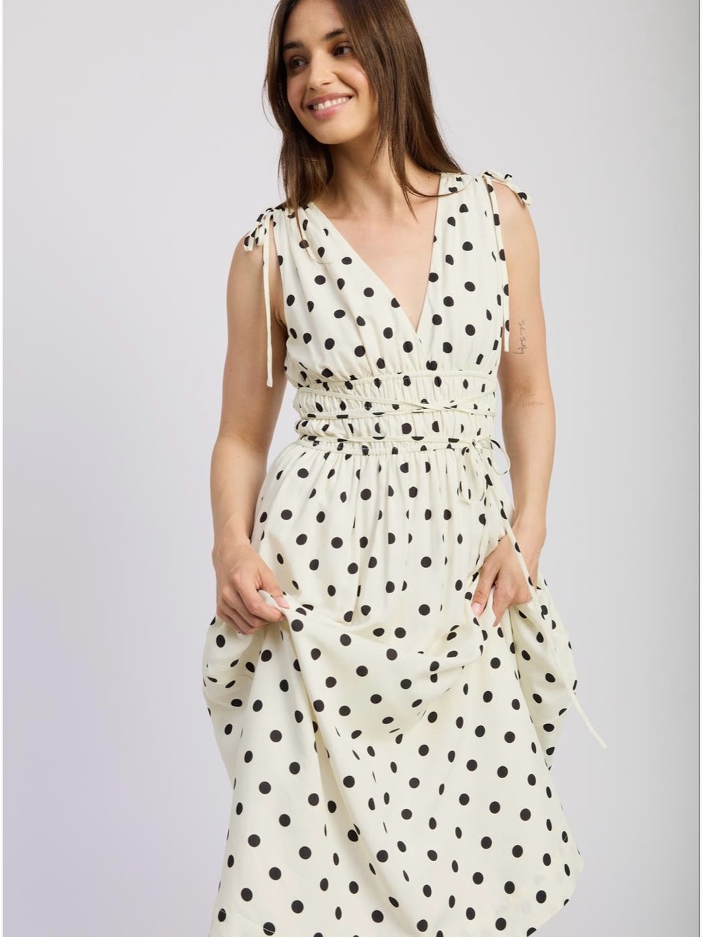 NWT • En Saison • Nordstrom• “Harley” Shirred Sleeveless Ivory Polka Dot Dress